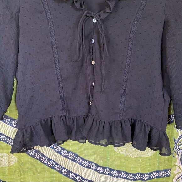 Zara Limited Edition Black Swiss Dot Ruffle Blouse Size Small - Picture 6 of 15